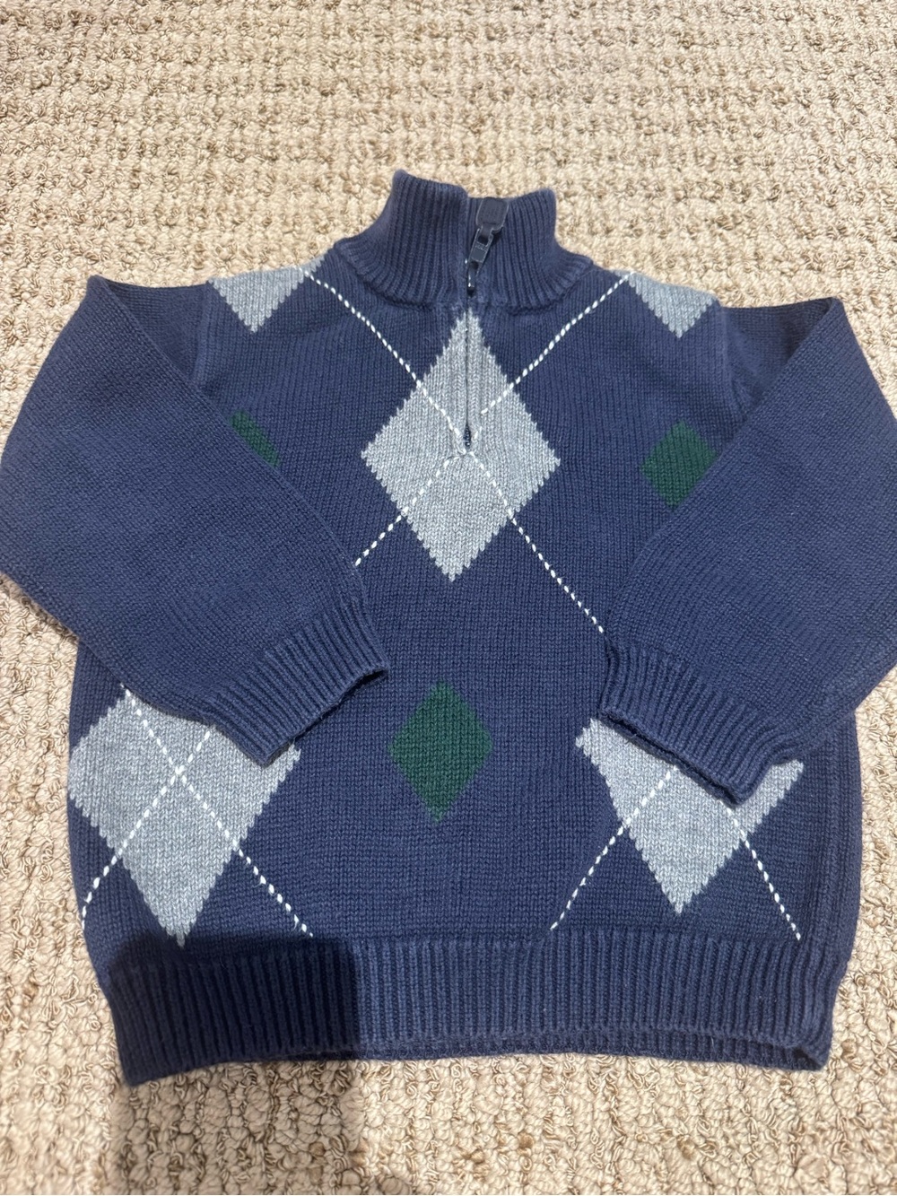 Janie and Jack 24m Navy Argyle Half-Zip Sweater with Gray and Green Diamonds